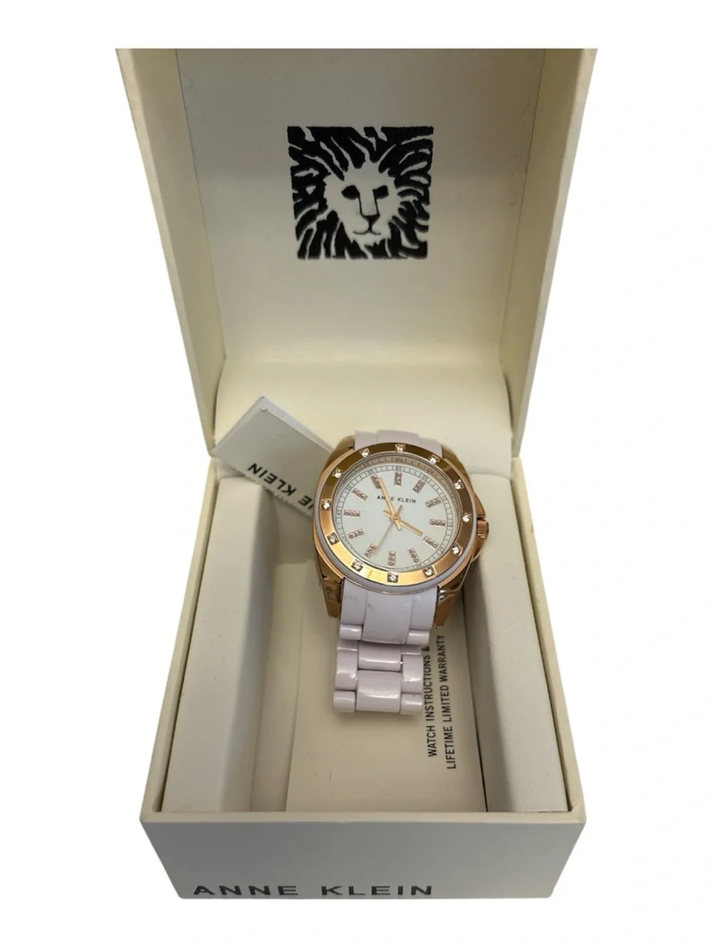 Anne Klein gold and white tone bracelet watch crystal accents NWT
